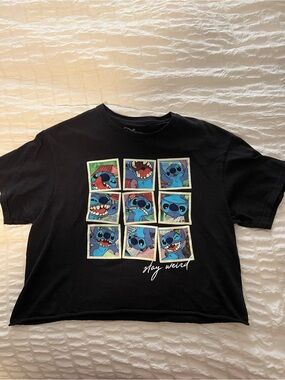 Disney Stitch "Stay Weird" Graphic T-Shirt Black Cotton Womens Cropped Size MD